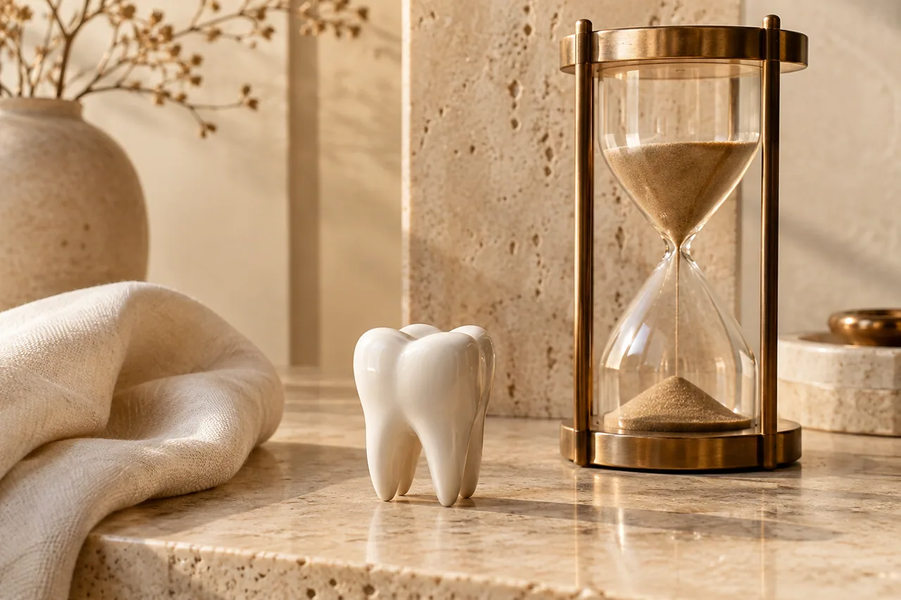 Composição ilustrativa de ampulheta e modelo dental em tons de bronze.