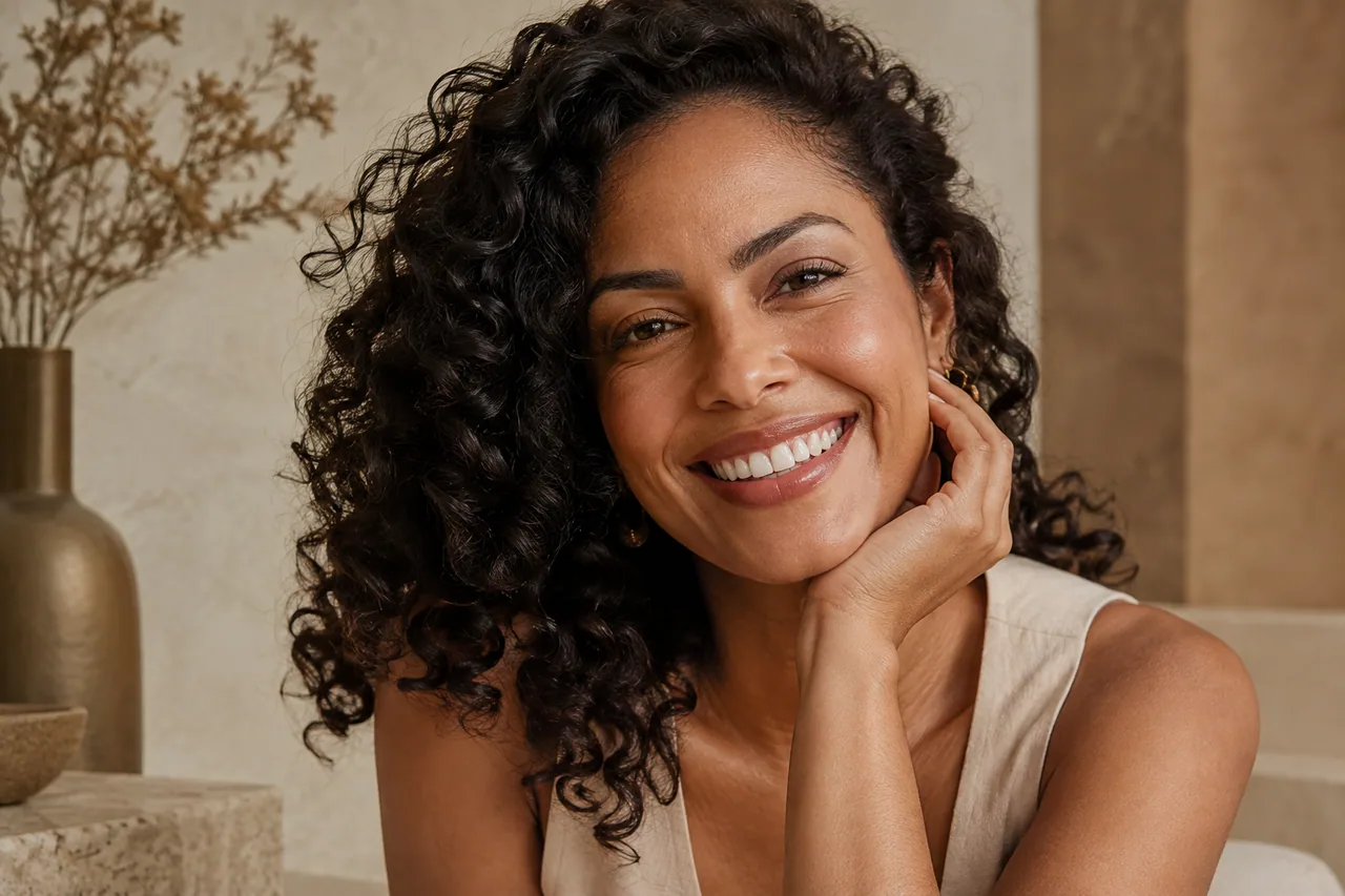 Retrato ilustrativo de uma mulher de cabelos cacheados e sorriso espontâneo.