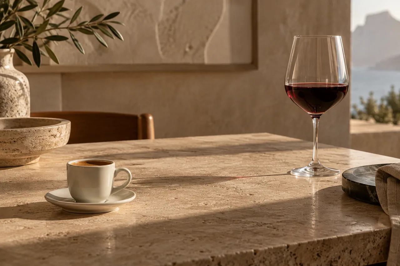 Xícara de café e taça de vinho em composição ilustrativa sobre mesa clara.