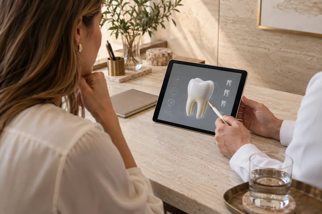 Cena ilustrativa de conversa sobre um modelo dental em um tablet.